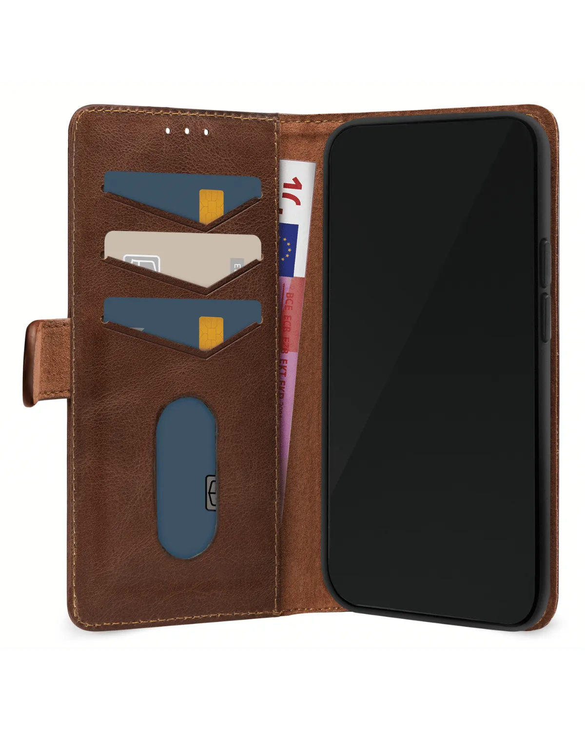 Bruine leren wallet case met meerdere pasjeshouders, geschikt voor Samsung Galaxy S24 FE 5G, stevig en elegant design.