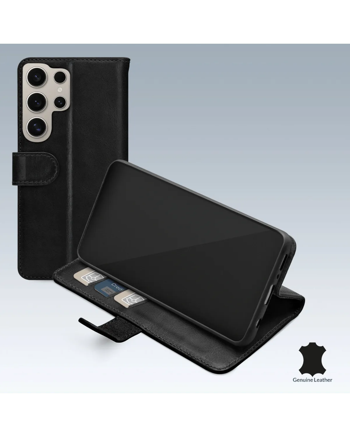 Zwart leren wallet case voor Samsung Galaxy S24 Ultra 5G met kaartsleuven en standfunctie.