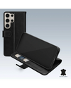 Zwart leren wallet case voor Samsung Galaxy S24 Ultra 5G met kaartsleuven en standfunctie.