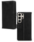 Voor- en achterzijde van zwarte lederen wallet case voor Samsung Galaxy S24 Ultra 5G met magnetische sluiting.