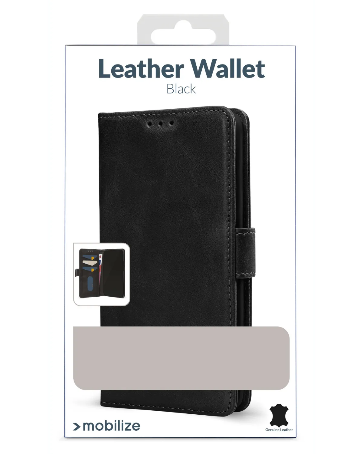 Verpakking van de zwarte leren wallet case voor Samsung Galaxy S24 Ultra 5G, met afbeelding van het product.