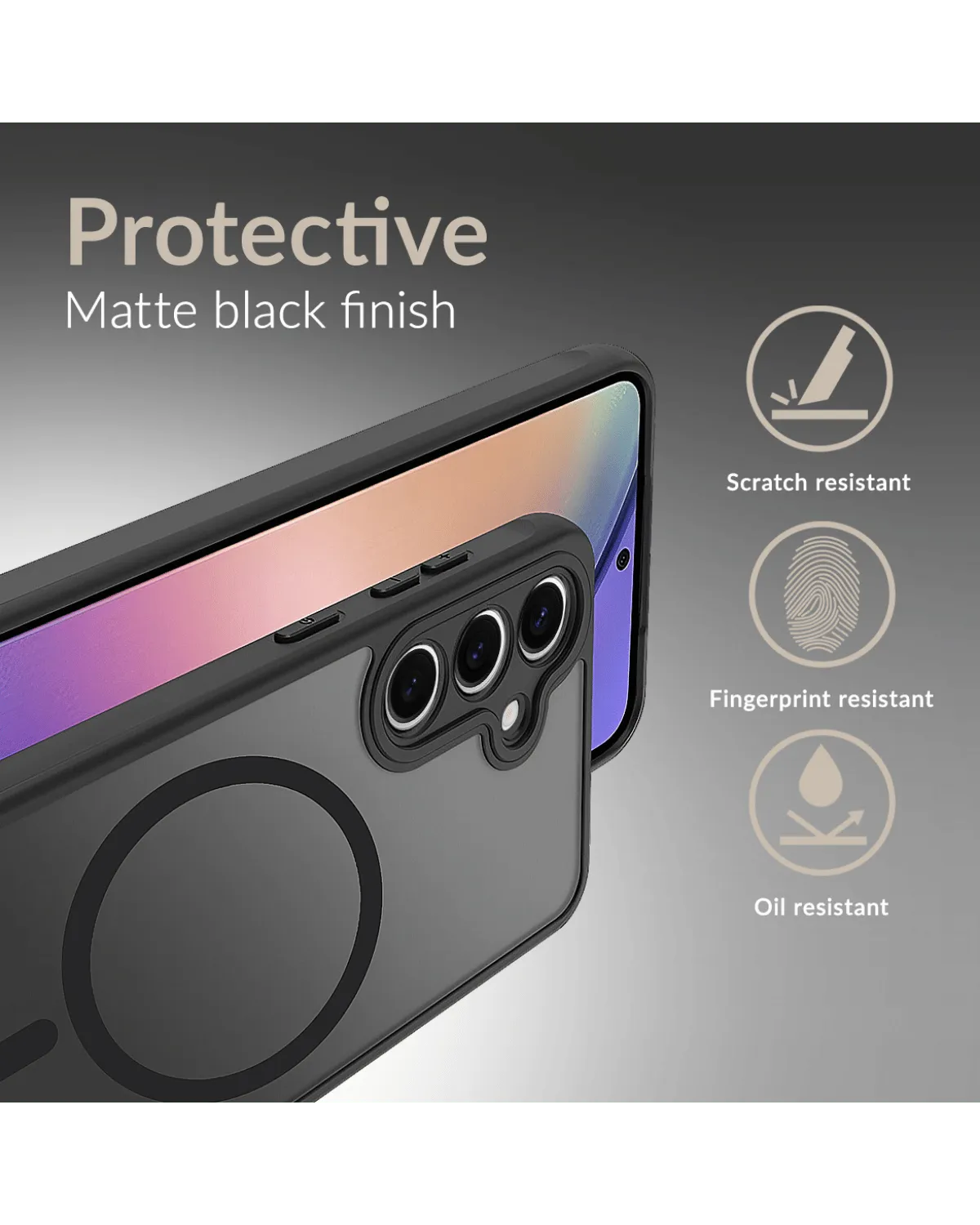 Beschermend matzwart MagSafe-hoesje Samsung Galaxy S24 5G
Kras-, vingerafdruk- en oliebestendig hybride telefoonhoesje met matte afwerking.