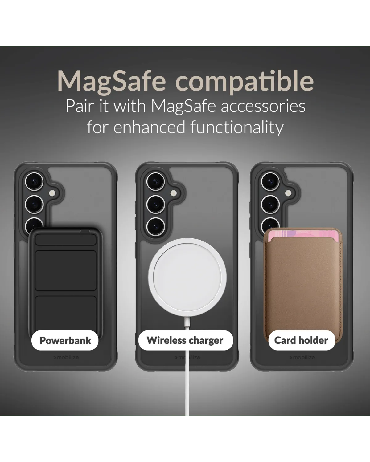 Zwart MagSafe-compatibel hybride hoesje met accessoires zoals powerbank en kaarthouder.