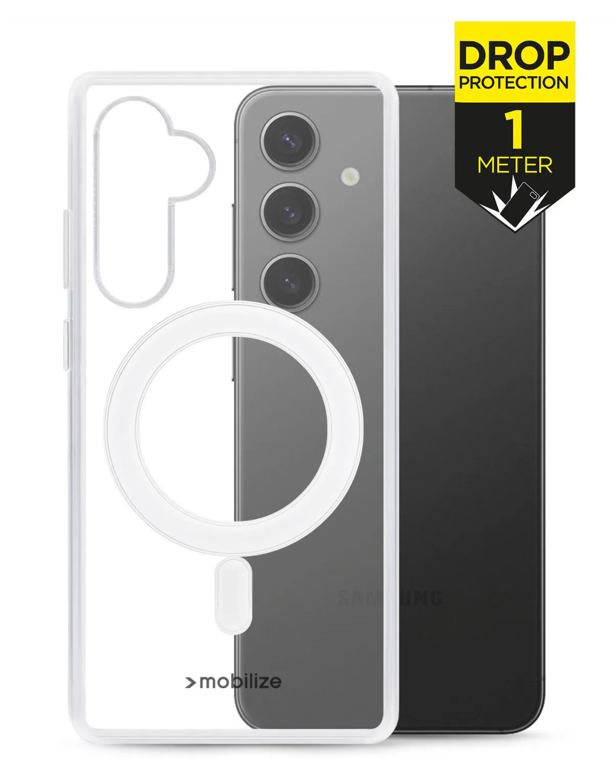 Transparante Mobilize MagSafe Case voor Samsung Galaxy S24 5G met 1 meter valbescherming.