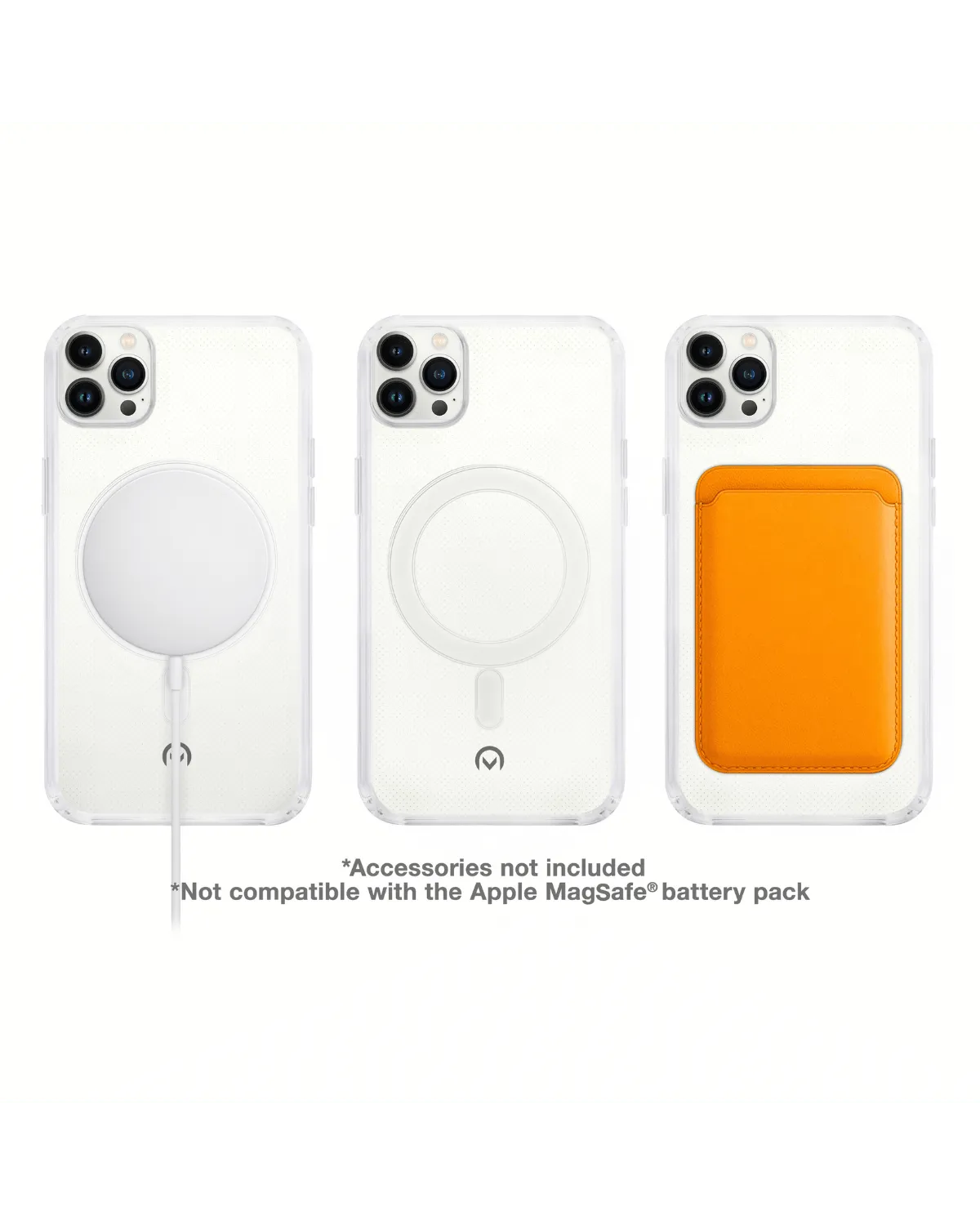 Drie weergaven van het Mobilize MagSafe telefoonhoesje voor Samsung Galaxy S24 Plus 5G met compatibele accessoires zoals kaarthouders.