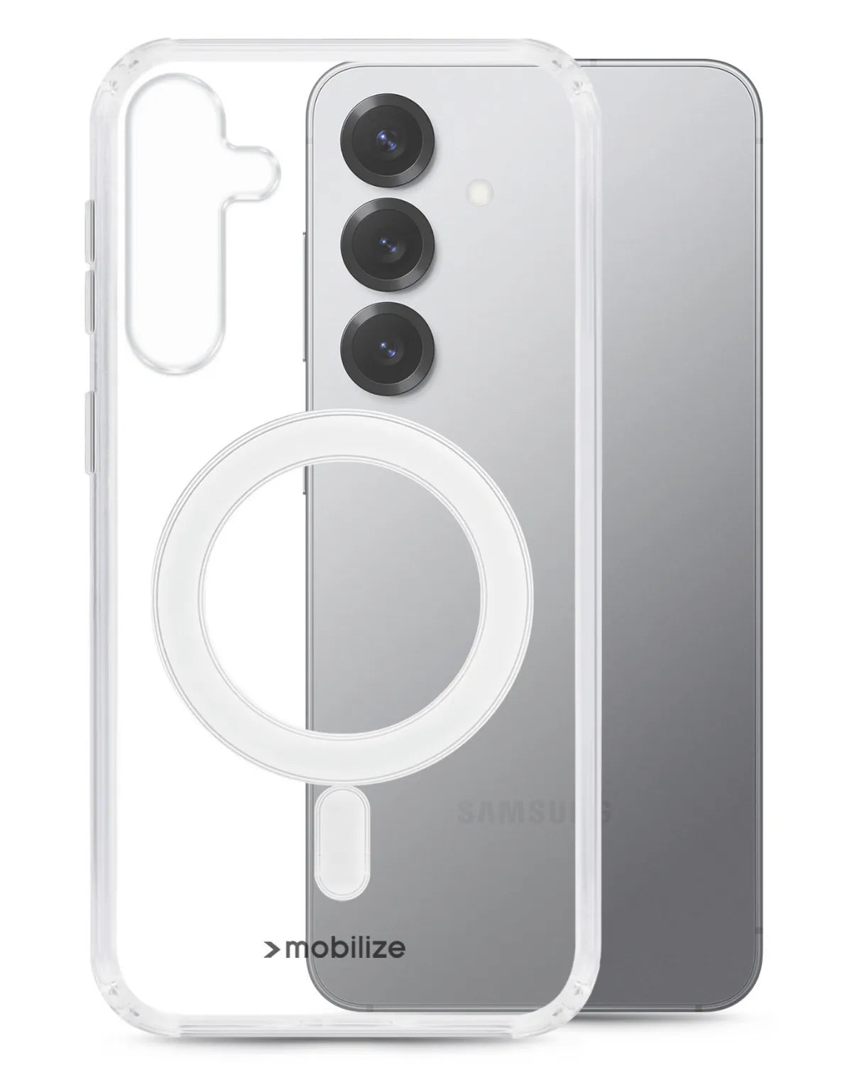 Transparante Mobilize MagSafe Compatibel Naked Protection Case voor Samsung Galaxy S25 5G, met ingebouwde MagSafe-magneetring.