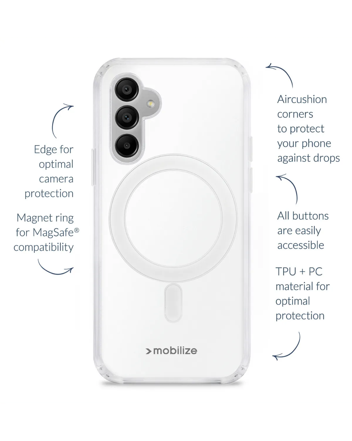 Achterkant van de Mobilize MagSafe Compatibel Naked Protection Case voor Samsung Galaxy S25 5G, met verhoogde randen en MagSafe-ring.