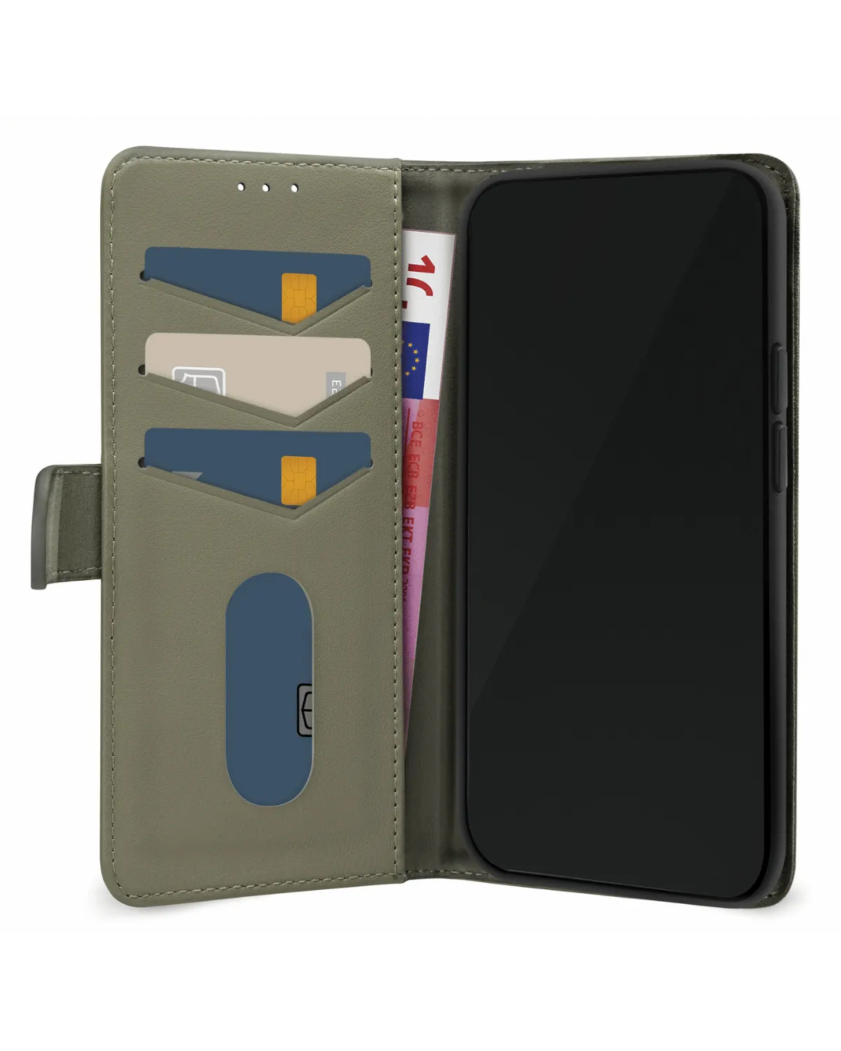 Open leren wallet case voor Samsung Galaxy A55 met kaarthouders en vak voor geld.