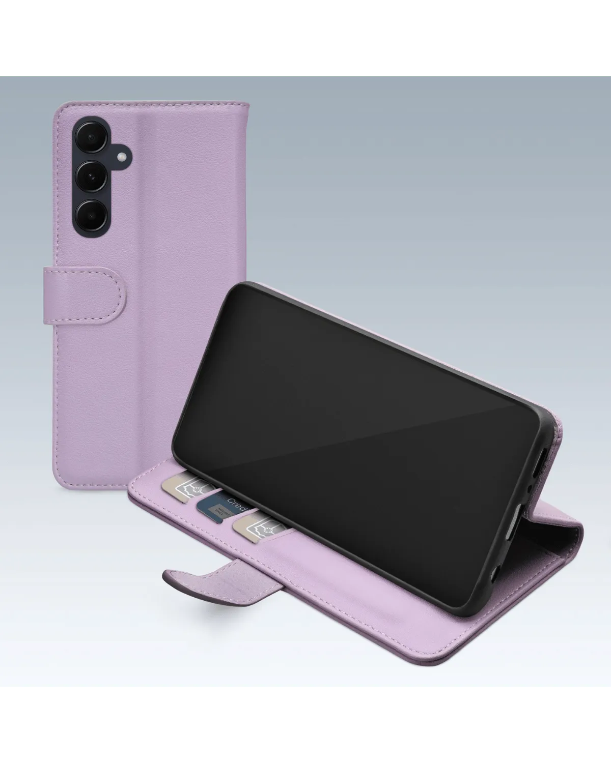 Lichtpaarse Samsung Galaxy A55 hoes met kaarthouder, gemaakt van mat materiaal. Beschermhoes open met ruimte voor pasjes.