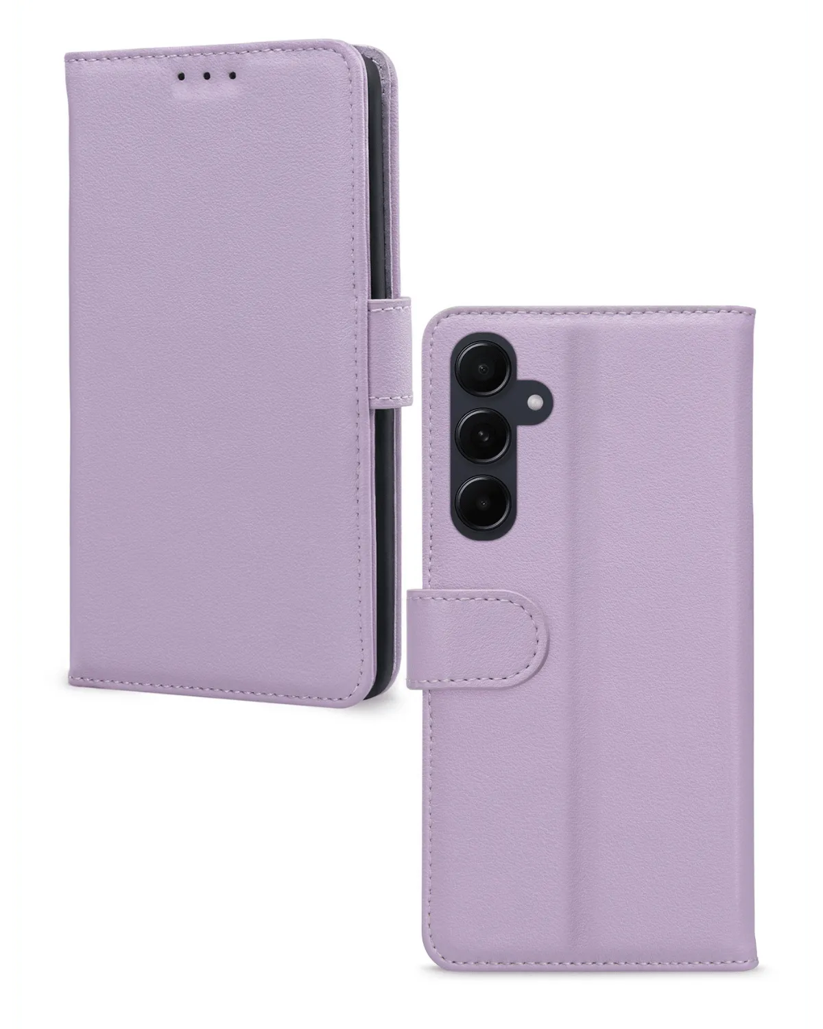 Voor- en achterzijde van paarse Mobilize Wallet Book case voor Samsung Galaxy A55 5G, met magnetische sluiting en camera-uitsparing.