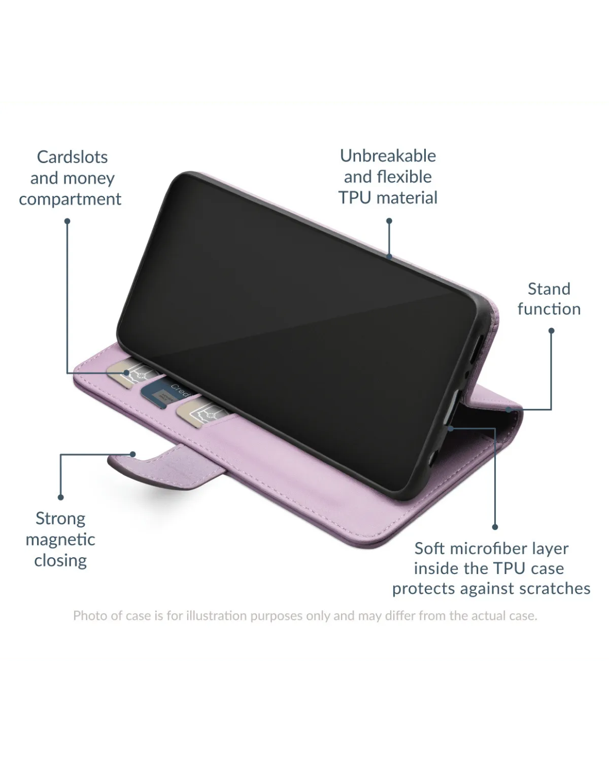 Open Samsung Galaxy A55 hoesje met kaartsleuven, geldvak, en magnetische sluiting. Gemaakt van onbreekbaar TPU met kickstandfunctie.