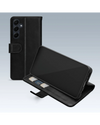 Zwarte Mobilize Wallet Book case voor Samsung Galaxy A55 5G, gesloten en in kickstand-positie met zicht op pashouders.