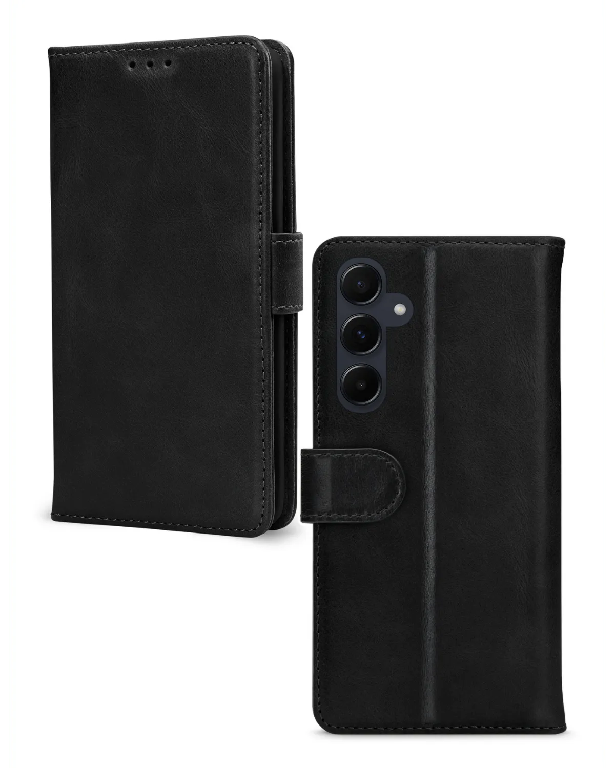 Voor- en achterzijde van zwart Mobilize Wallet Book hoesje voor Samsung Galaxy A55 5G, met camera-uitsparing en magnetische sluiting.