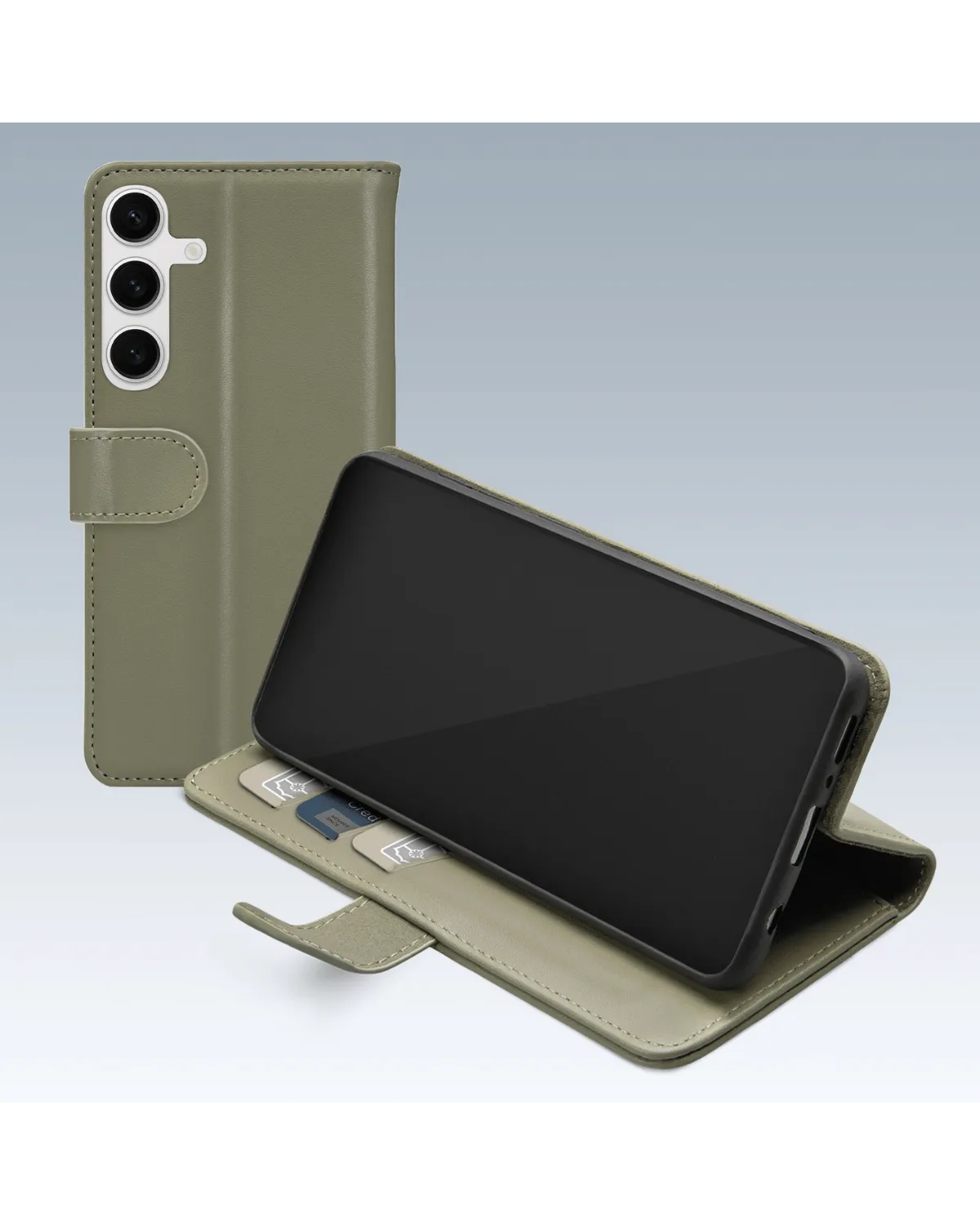 Opengeklapte Mobilize Premium Wallet Case voor Samsung Galaxy S24 5G met standfunctie voor handsfree gebruik.
