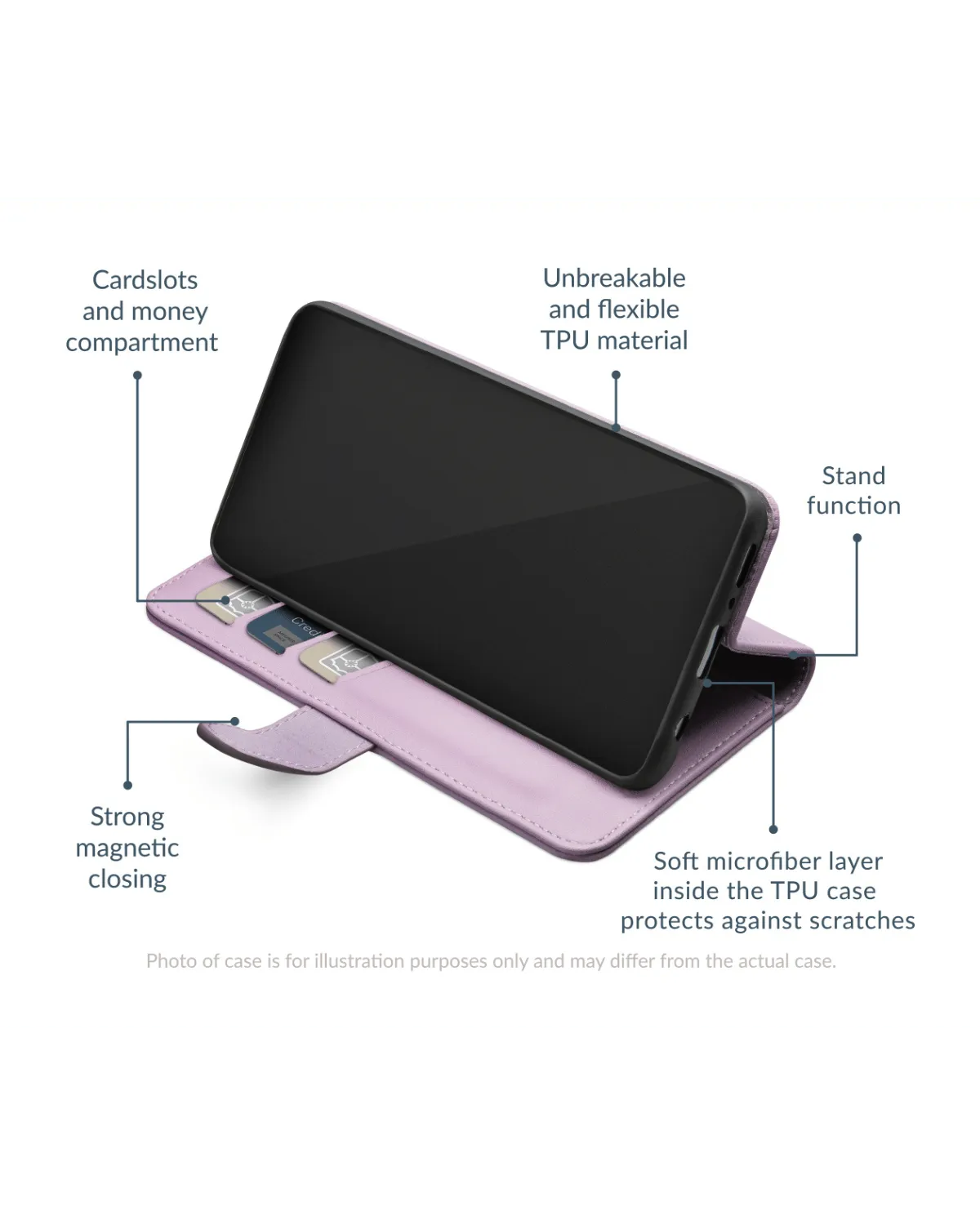 Kicktandfunctie en bescherming – Paars telefoonhoesje met kickstandfunctie, magnetische sluiting en krasbestendige TPU-bescherming.