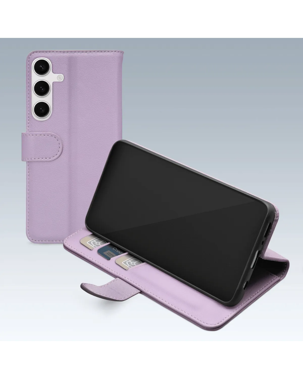 Paarse Mobilize Premium Wallet Book Case voor Samsung Galaxy S24 FE 5G, met ruimte voor pasjes en een magnetische sluiting.