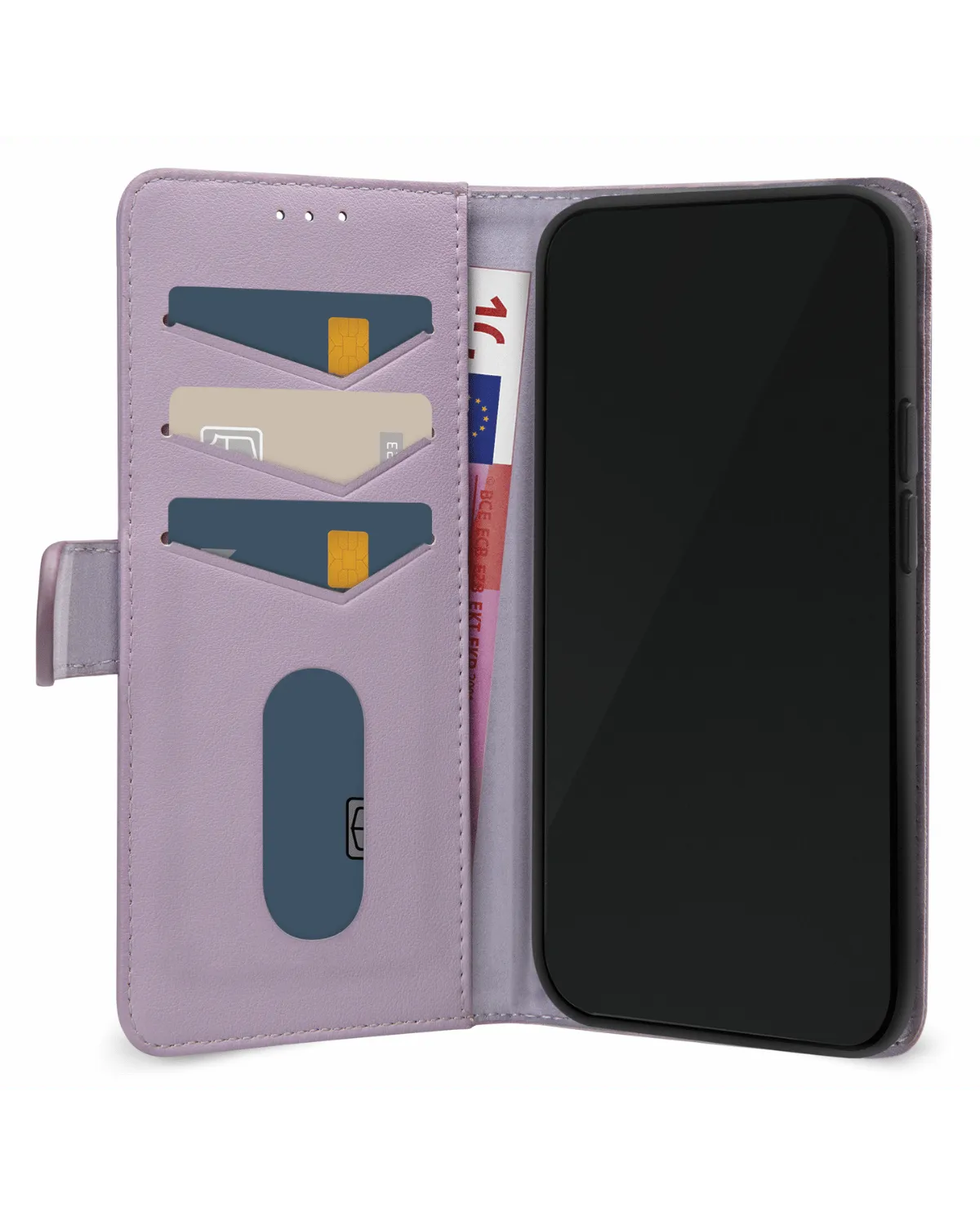 Binnenkant van de paarse Mobilize Wallet Book Case voor Samsung Galaxy S24 Plus 5G, met ruimte voor pasjes en briefgeld.