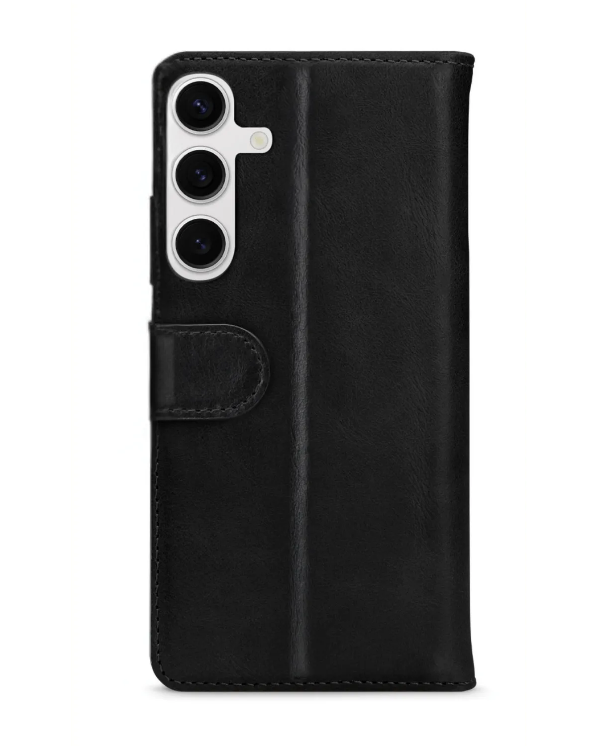 Achterkant van de zwarte Premium Wallet Book Case voor Samsung Galaxy S24 Plus 5G, met camerabescherming en magnetische sluiting.