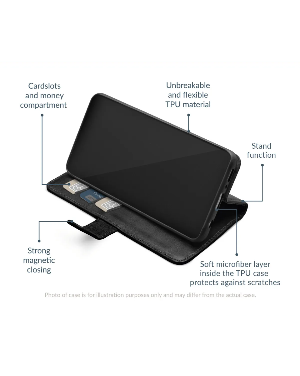 Close-up van de kickstand functie van de Premium Wallet Book Case, ideaal voor handsfree gebruik, Samsung Galaxy S24 Plus 5G.