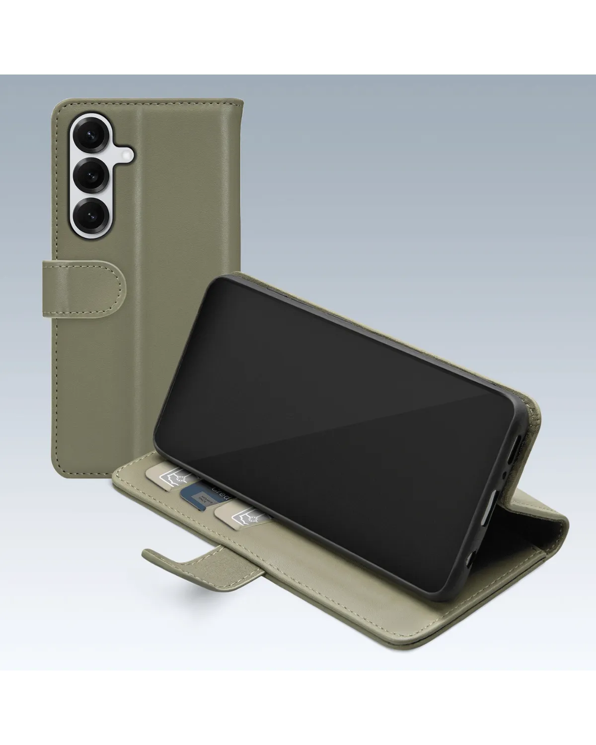 Groene Mobilize Premium Wallet Book Case voor Samsung Galaxy S25 5G met kickstandfunctie en stevige magneetsluiting.