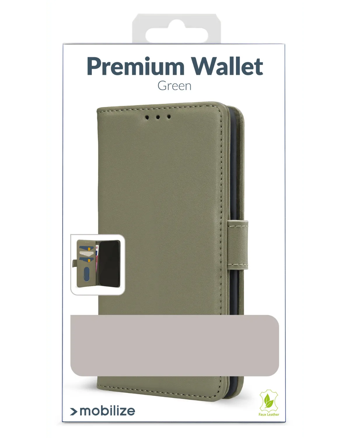Verpakking van de Mobilize Premium Wallet Case in groen voor Samsung Galaxy S25 5G met faux-leer en kaartsleuven.