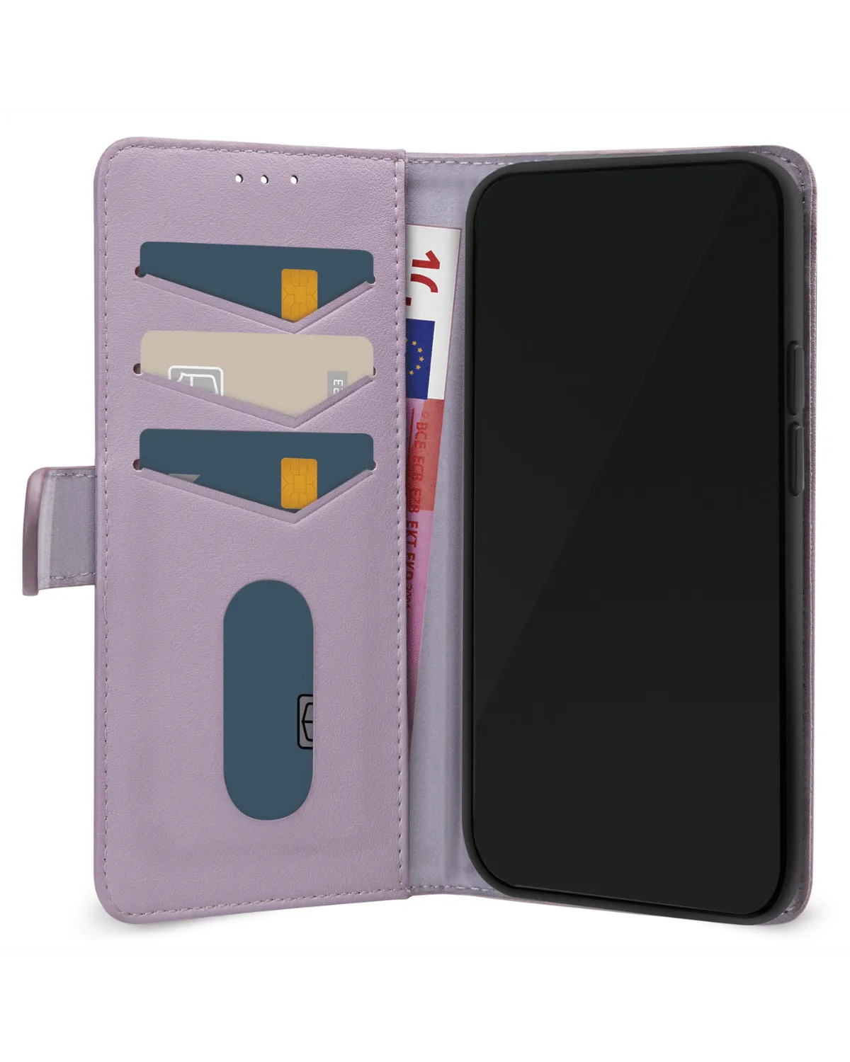 Binnenzijde van de paarse Mobilize Wallet Book Case met meerdere kaarthouders en vak voor briefgeld, geschikt voor Samsung Galaxy S25 5G.