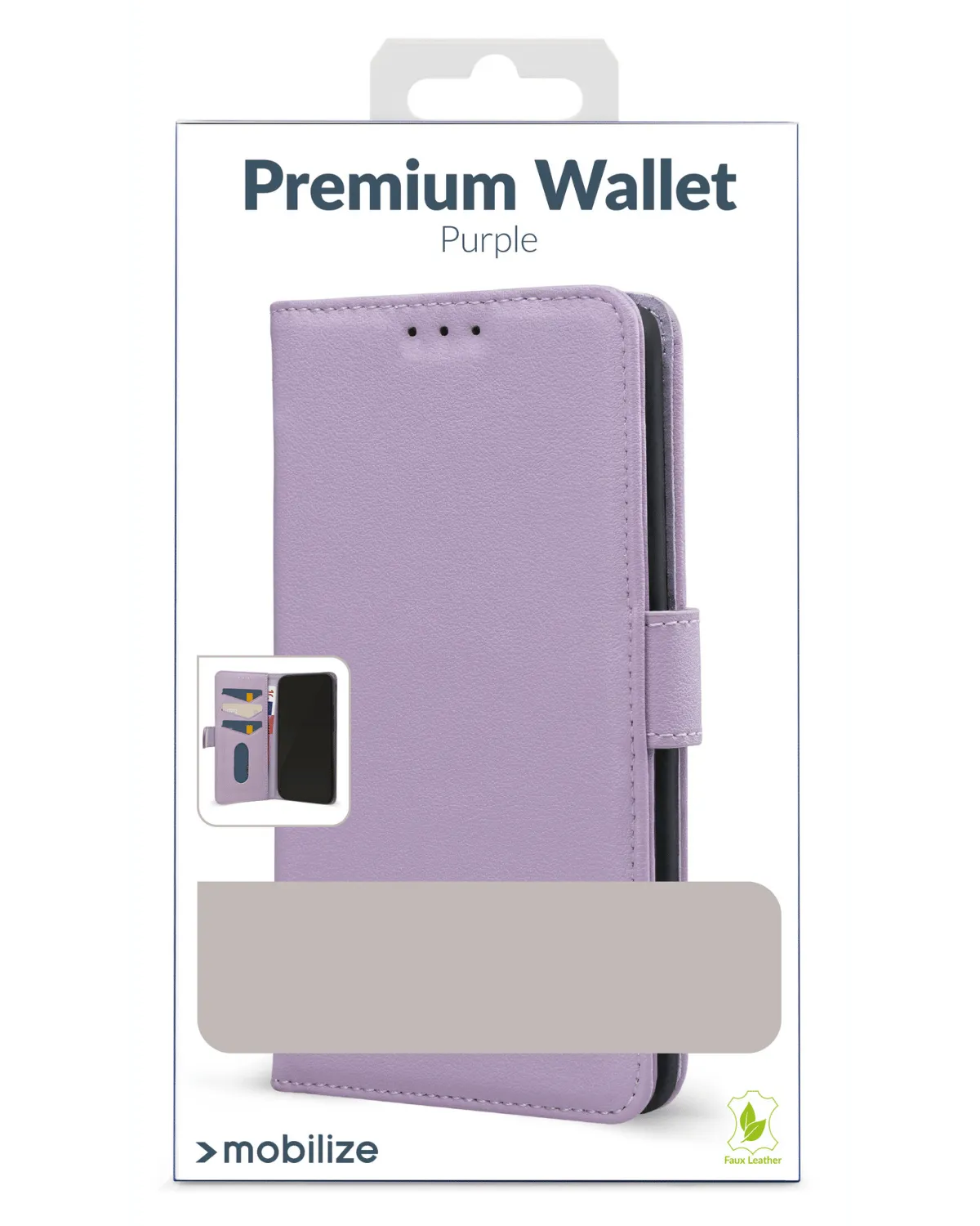 Verpakking van de paarse Mobilize Premium Wallet Case voor Samsung Galaxy S25 5G, met afbeelding van de hoes en productinformatie.