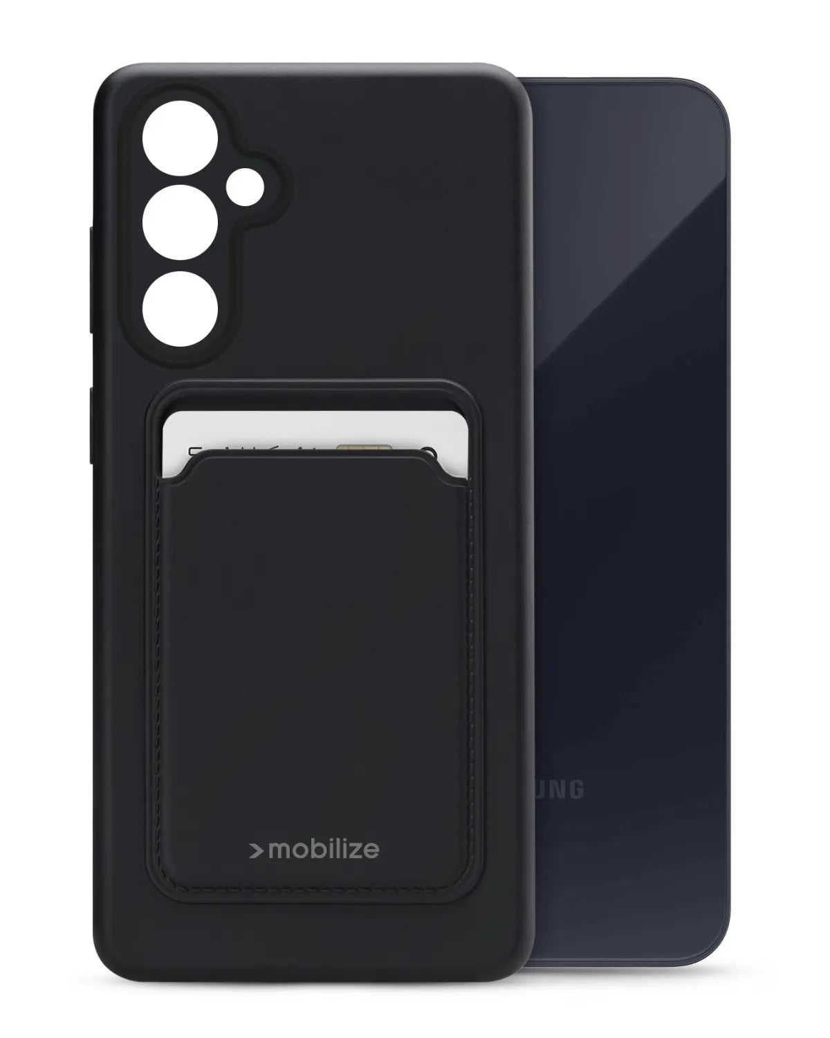 Zwarte matte Mobilize soft case voor Samsung Galaxy A55 met kaarthouder, camerauitsparing en flexibel TPU-materiaal.