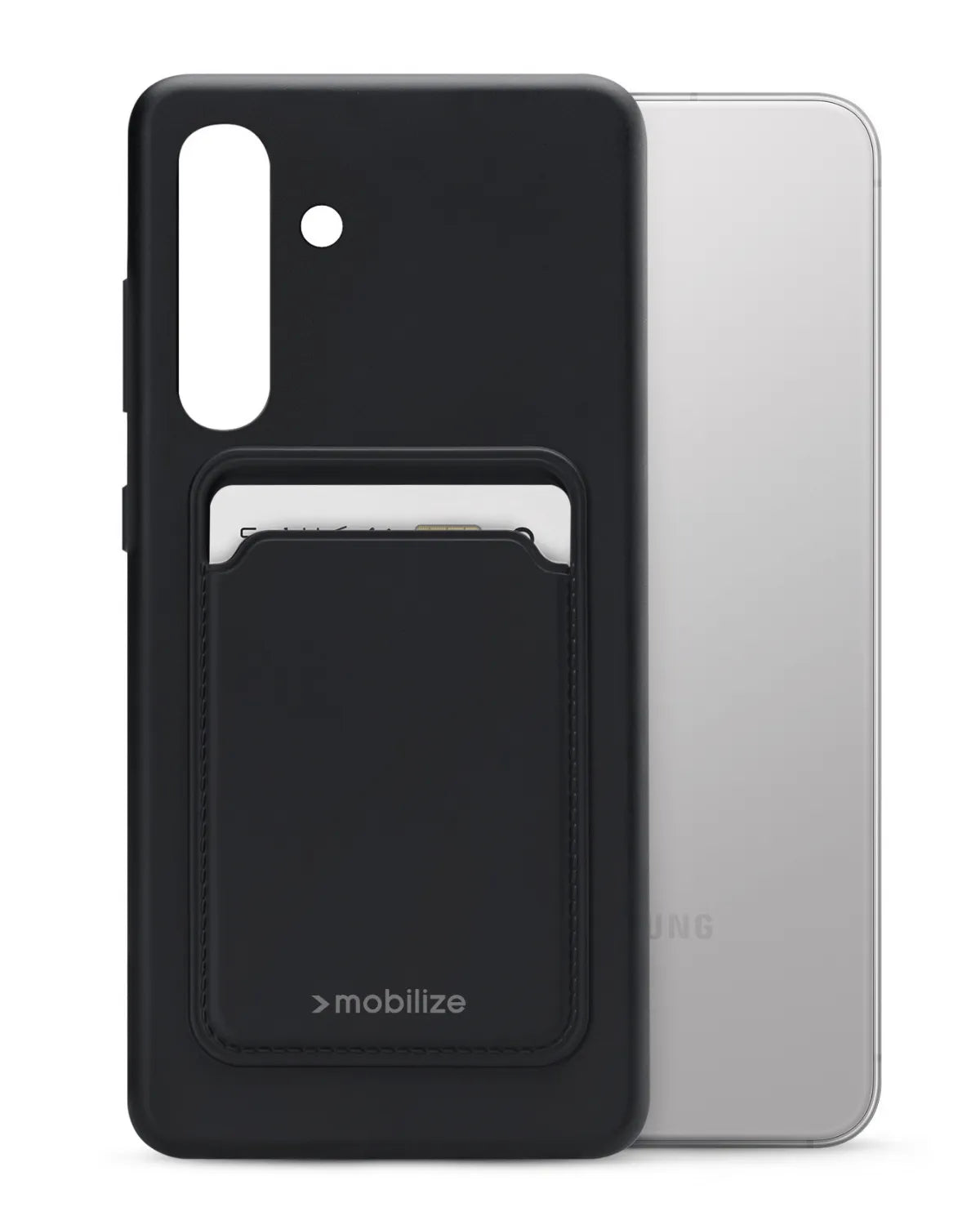 Mat zwarte Mobilize Gelly Card Case voor Samsung Galaxy S24 5G, met een ingebouwde kaarthouder voor pasjesopslag en flexibele TPU-bescherming.