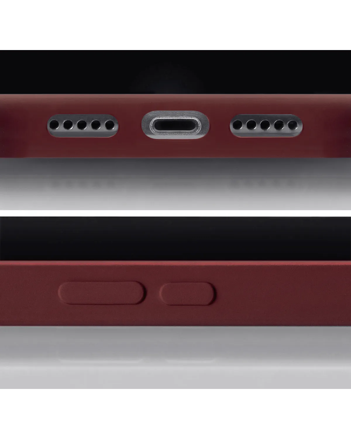 Onderkant en zijkant van de Mobilize Rubber Gelly Card Case in mat bordeauxrood voor Samsung Galaxy S24 Ultra 5G.