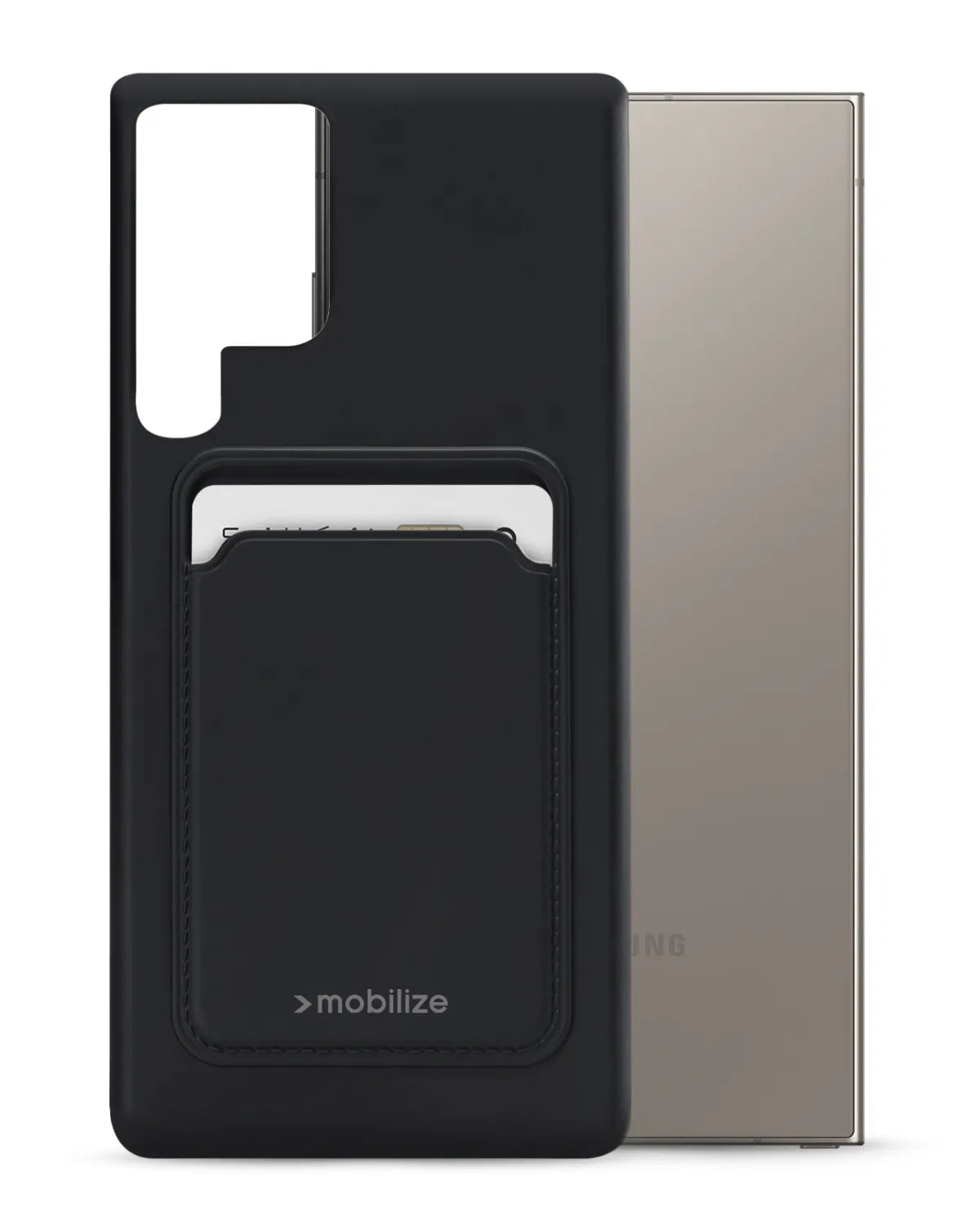 Zwart Mobilize Rubber Gelly Card Case hoesje voor Samsung Galaxy S24 Ultra 5G met kaarthouder en camera uitsparing.