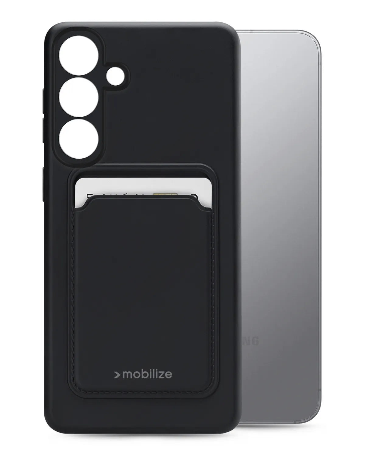 Mat zwarte Mobilize Rubber Gelly Card Case voor Samsung Galaxy S25 5G, met geïntegreerde kaarthouder en schokbestendige bescherming.