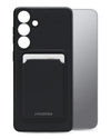 Mat zwarte Mobilize Rubber Gelly Card Case voor Samsung Galaxy S25 5G, met geïntegreerde kaarthouder en schokbestendige bescherming.