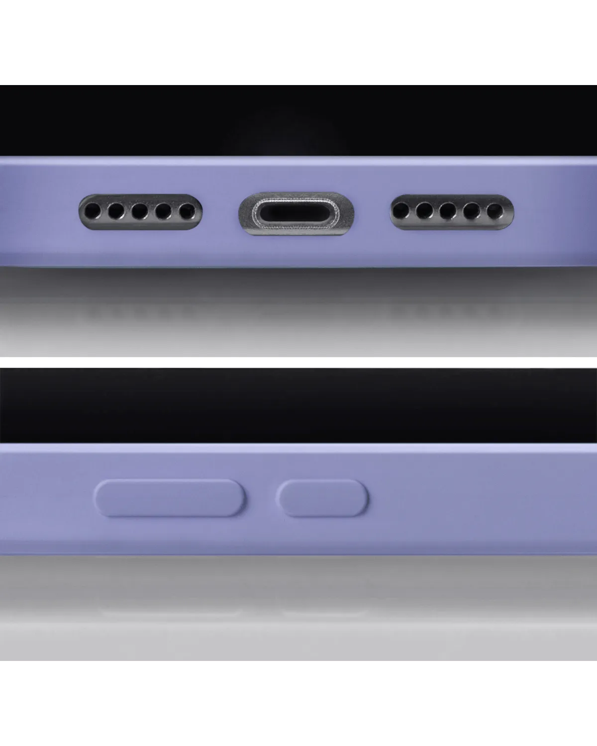 Zijkant en onderkant van het pastel paarse Mobilize Gelly Case hoesje met precieze uitsparingen voor poorten en knoppen van de Samsung Galaxy S24 5G.