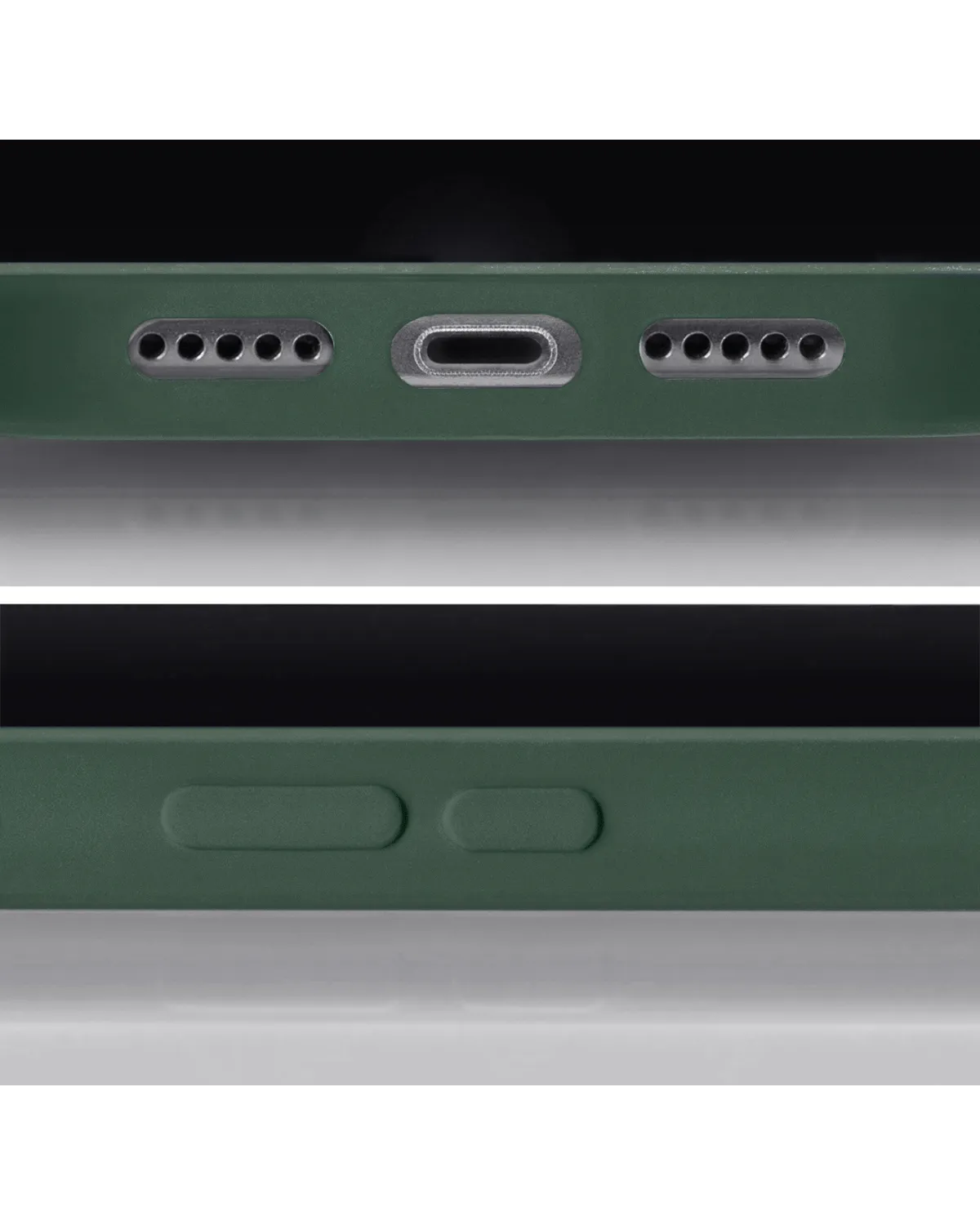 Detailaanzicht van de onderkant van de mat groene Mobilize Gelly Case, met uitsparingen voor poorten en speakers.