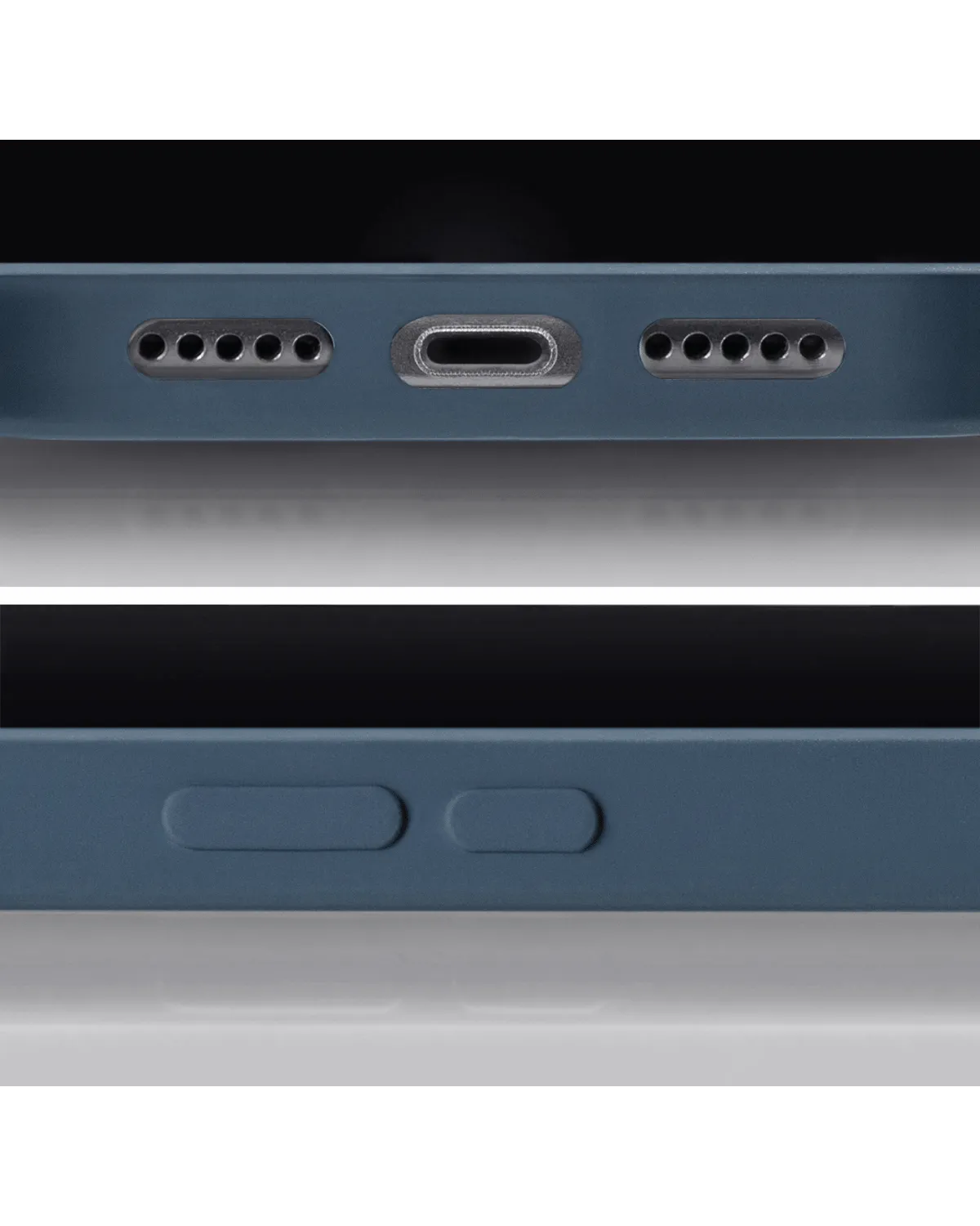 Onderkant van matblauw hoesje met openingen voor USB-C-poort en speaker, ontworpen voor Samsung Galaxy S23 Ultra.