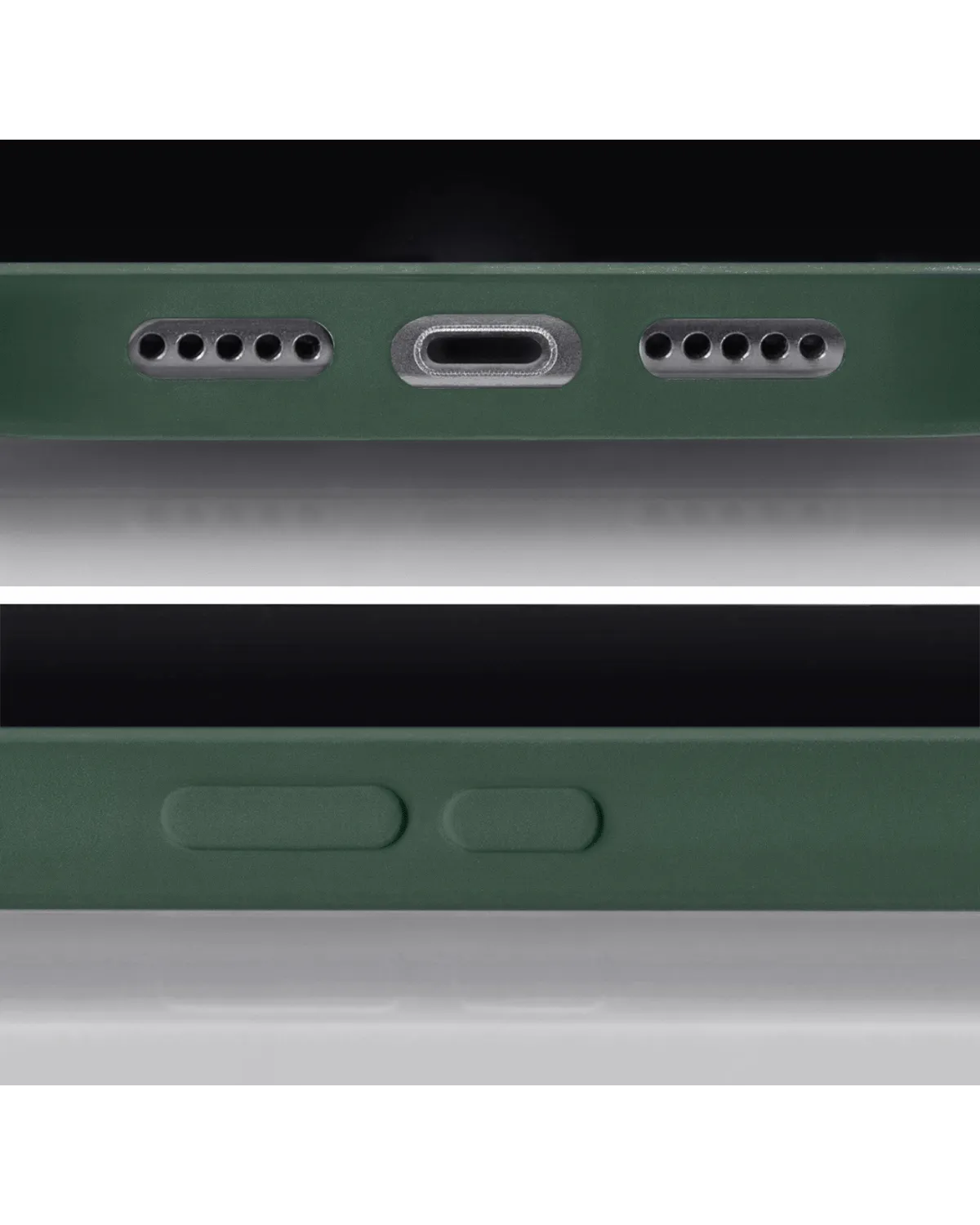 Onderzijde van matgroen hoesje met openingen voor USB-C-poort en speaker, passend bij Samsung Galaxy S23 Ultra.