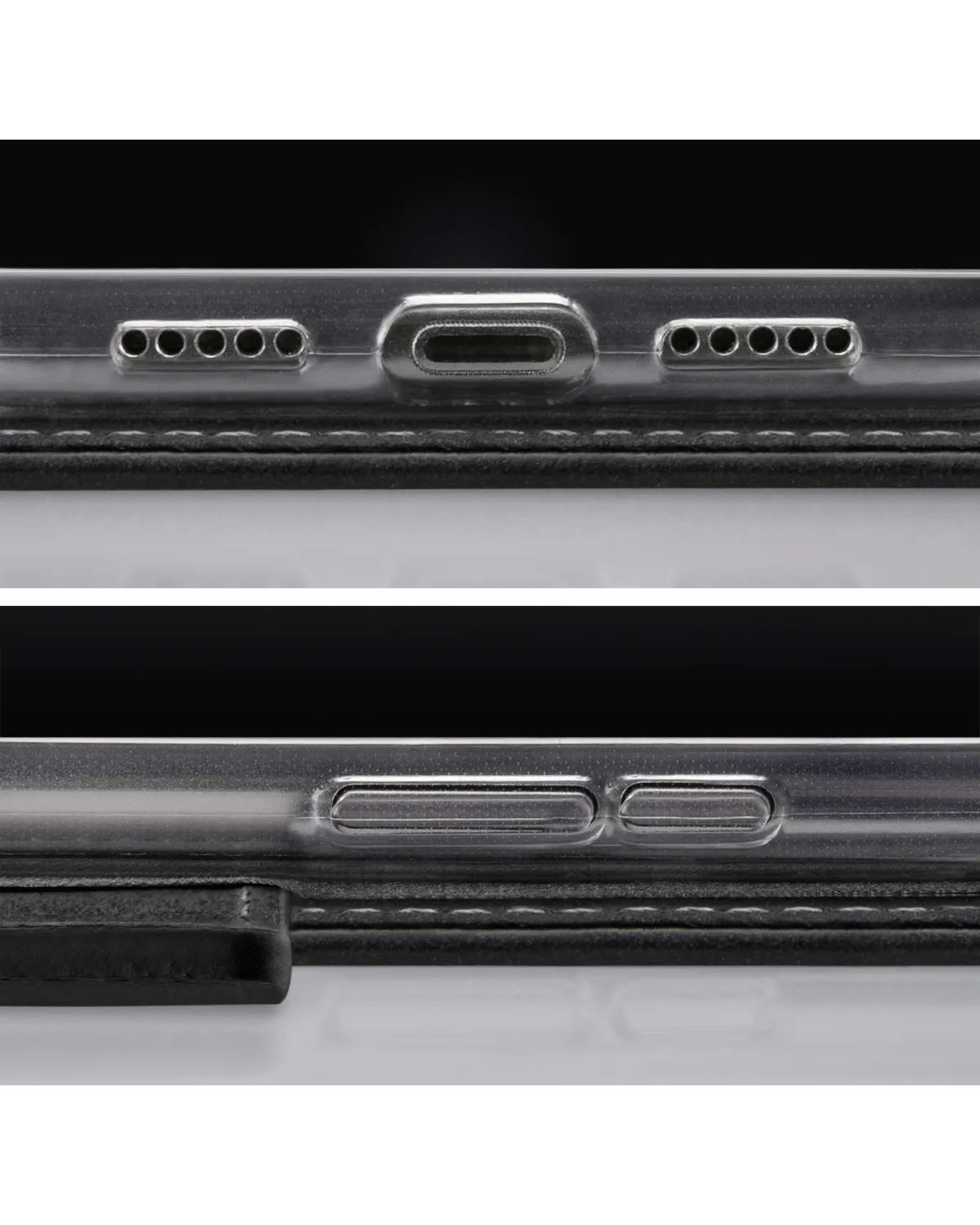 Onderkant van de My Style Flex Wallet hoes, met precieze uitsparingen voor poorten en knoppen.