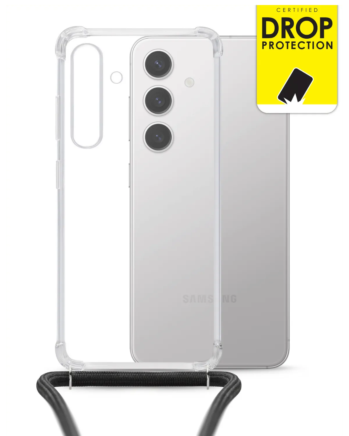 Samsung Galaxy S24 5G telefoonhoesje met Air Cushion technologie en nylon koord, gecertificeerde valbescherming tot 2 meter.