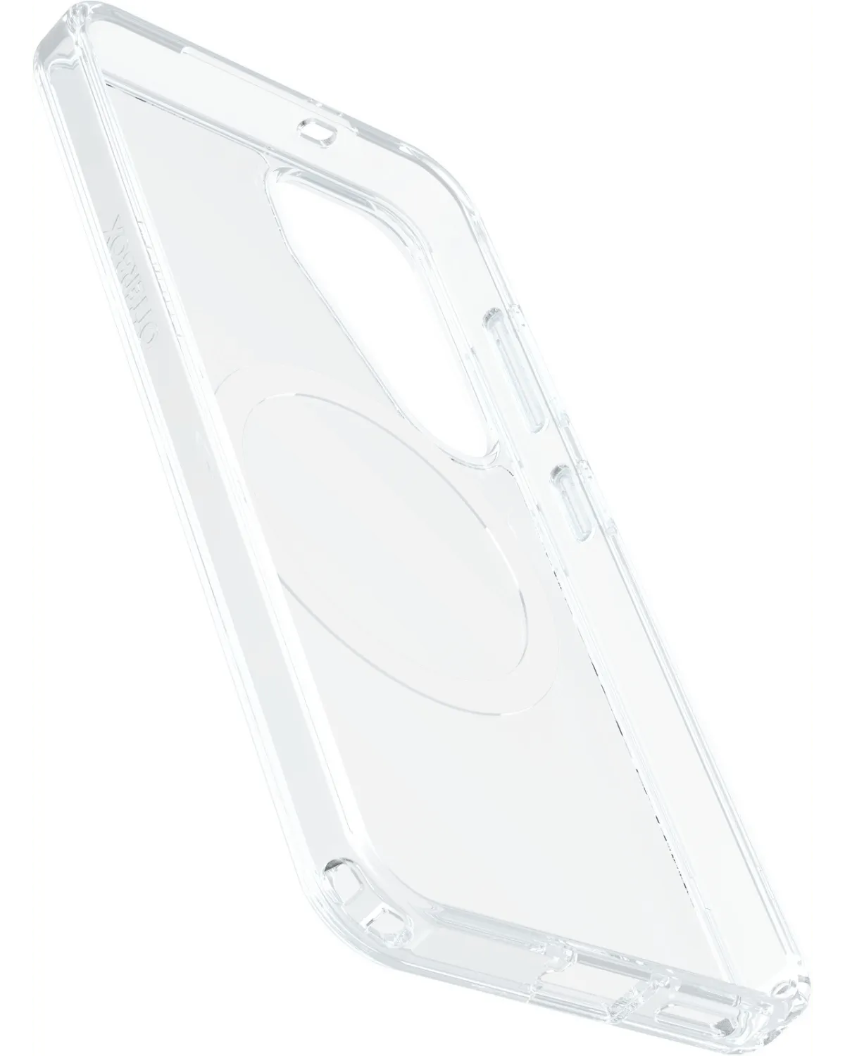 Schuin bovenaanzicht van de Otterbox Symmetry Magnets Case, met zichtbare MagSafe-ring en knoppen.