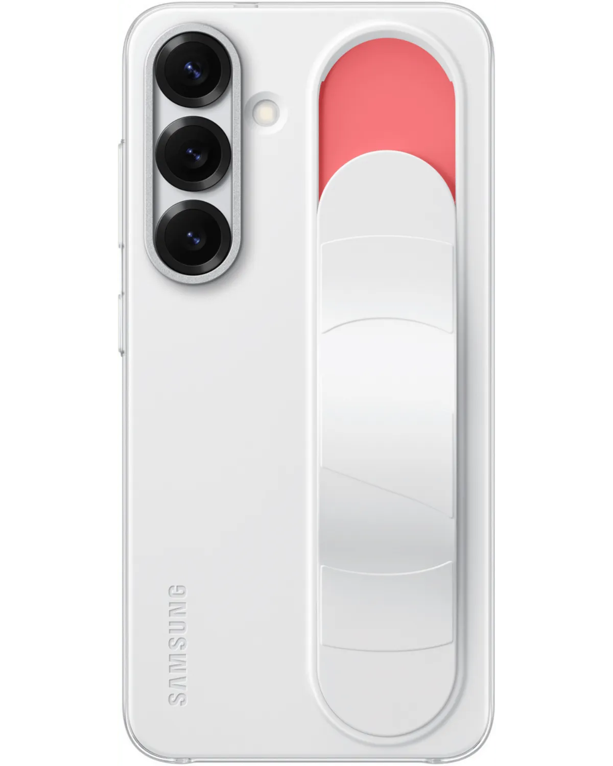  Achterkant van de witte Samsung Standing Grip Case voor Galaxy S25 5G, met uitklapbare grip.