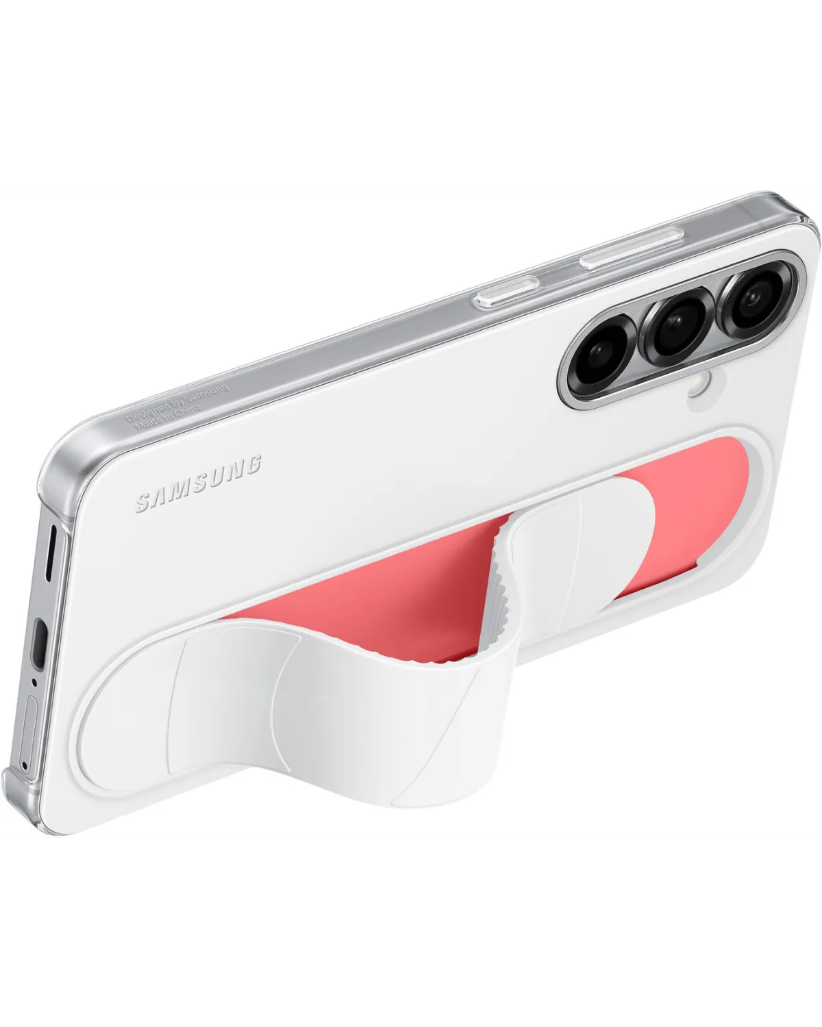Witte Samsung Standing Grip Case op een Galaxy S25 5G, standaardfunctie voor handsfree gebruik.