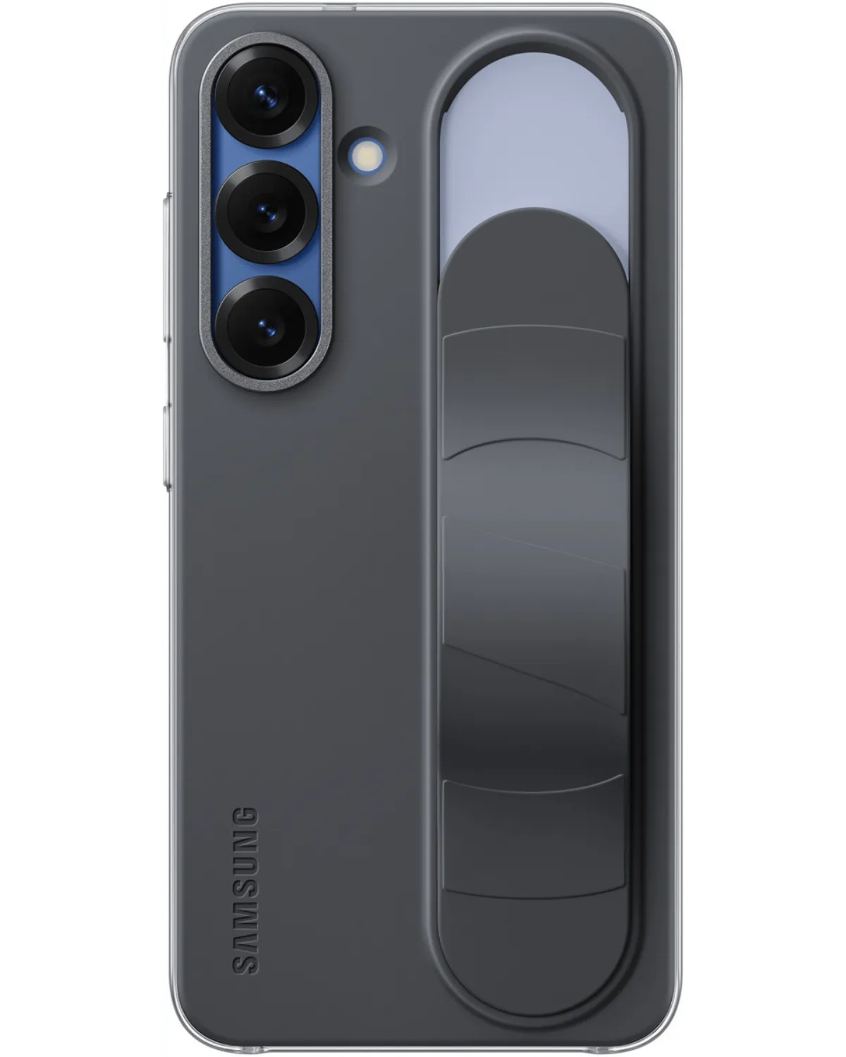 Achterkant van de Samsung Standing Grip Case in zwart met inklapbare grip voor extra stabiliteit en handsfree gebruik.