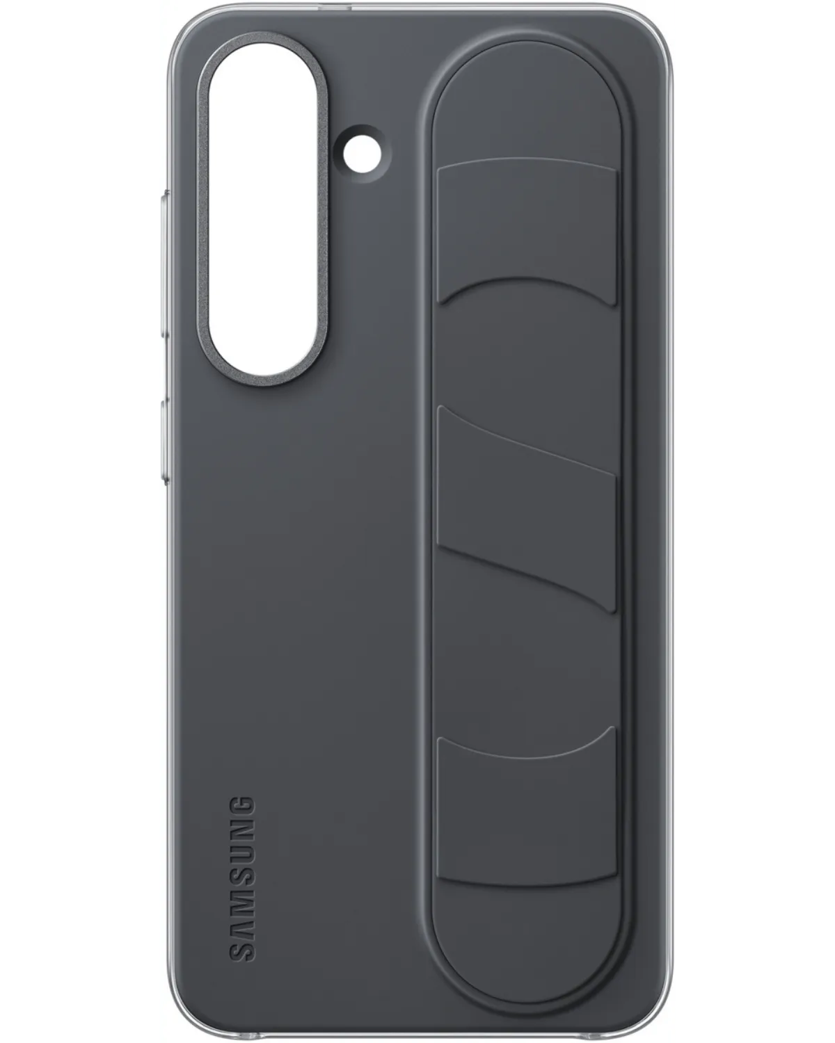 Zwarte Samsung Standing Grip Case zonder telefoon, met uitsparing voor camera en flexibele grip voor extra comfort.