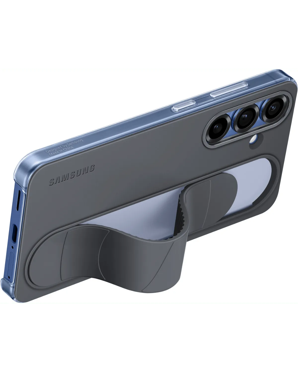 Zijaanzicht van de Samsung Standing Grip Case op een Galaxy S25 Plus 5G, met opengeklapte grip als handige standaard.