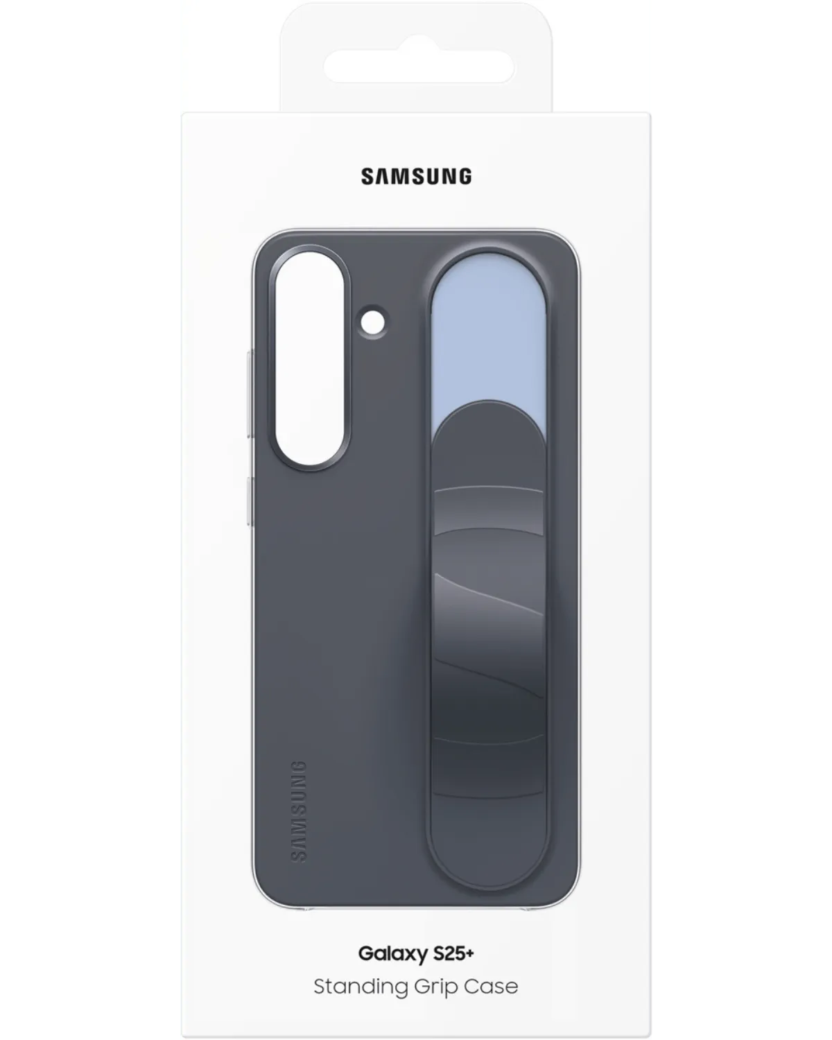 Verpakking van de Samsung Standing Grip Case in zwart voor Galaxy S25 Plus 5G, met zicht op het gripontwerp en merklogo.