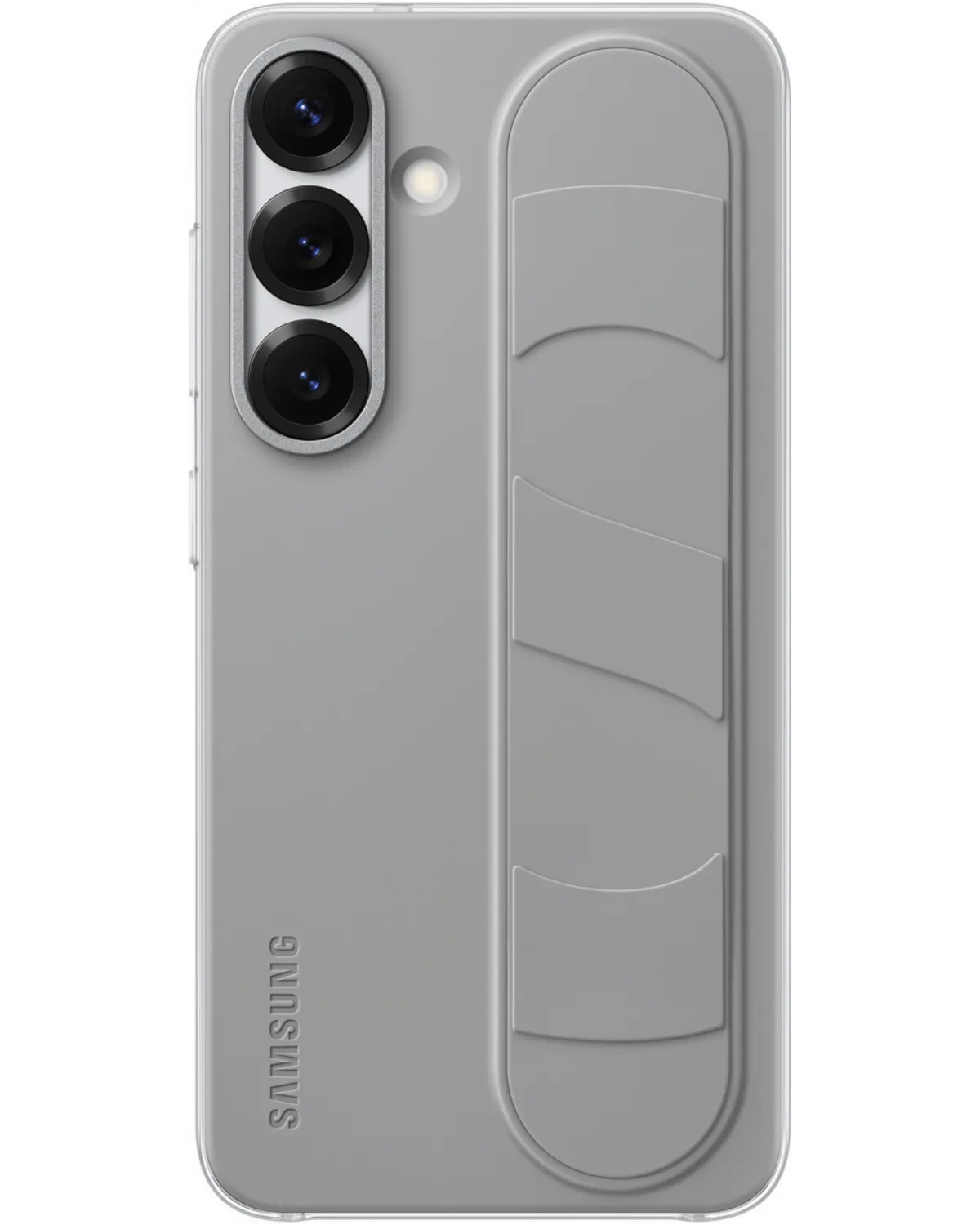 Grijze Samsung Standing Grip Case voor Galaxy S25 Plus 5G met handige grip voor extra stabiliteit en comfortabel gebruik.