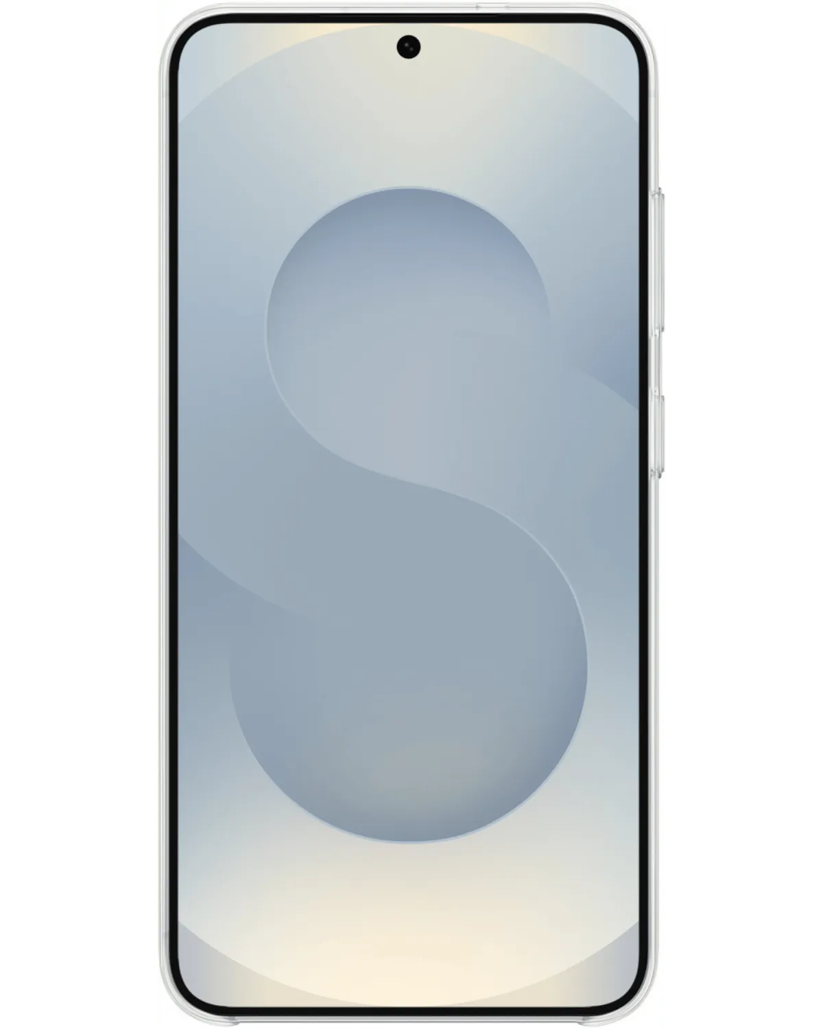 Vooraanzicht van de Samsung Galaxy S25 Plus 5G met transparante Samsung Standing Grip Case voor subtiele bescherming.