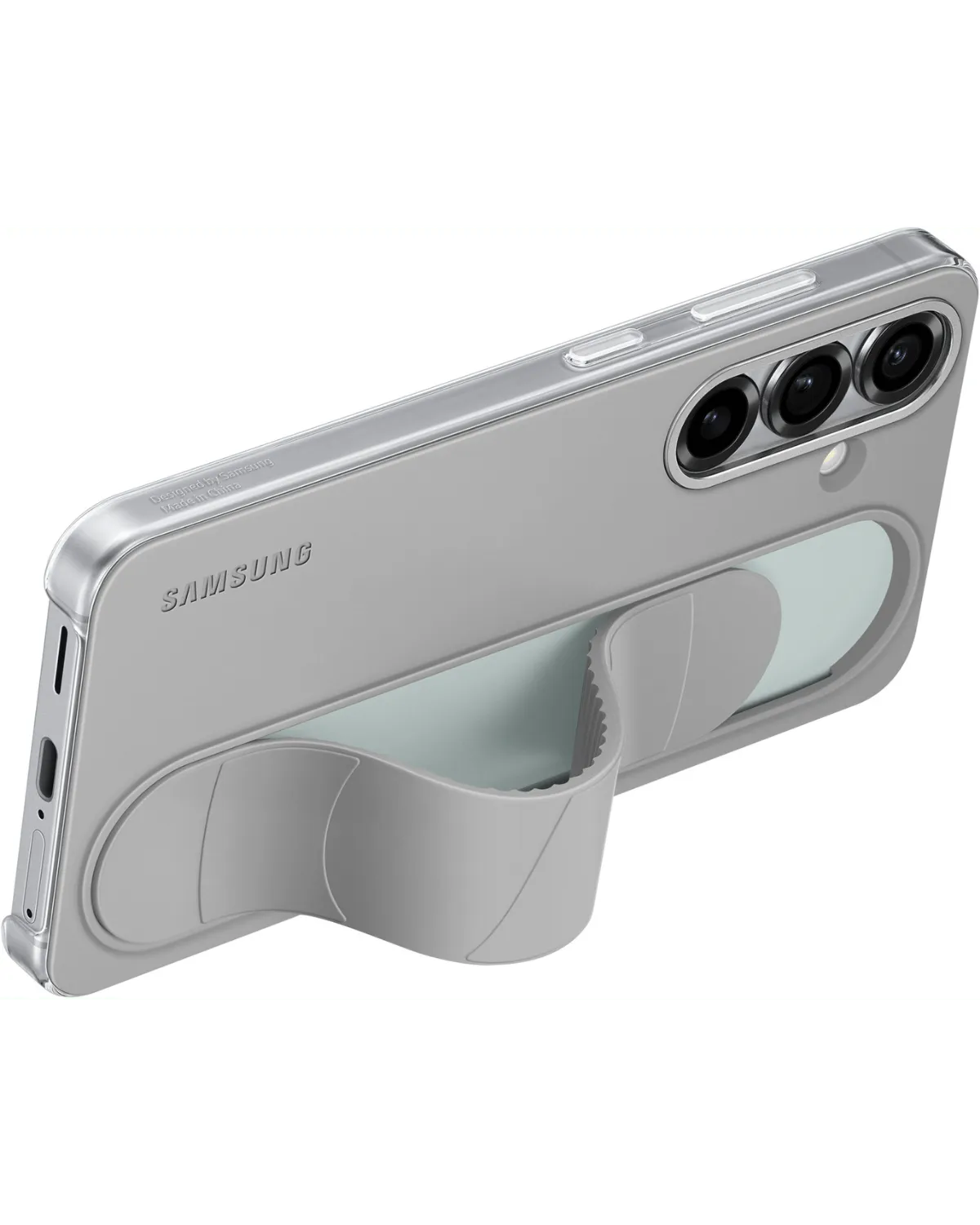 Zijaanzicht van de Samsung Standing Grip Case op een Galaxy S25 Plus 5G, met opengeklapte grip voor een stabiele kickstandfunctie.