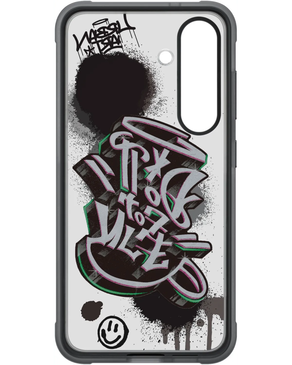 Samsung Flipsuit Case met graffiti-ontwerp en zwarte accenten, ontworpen voor Galaxy S25 5G.